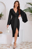 Load image into Gallery viewer, Black Mermaid V-Neck Asymmetrical Midi Cocktail Dress with Sleeves