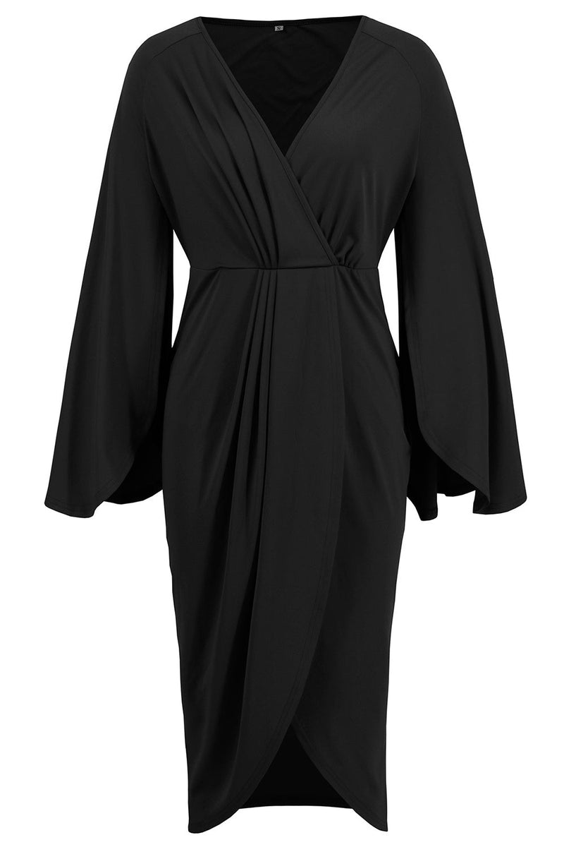 Load image into Gallery viewer, Black Mermaid V-Neck Asymmetrical Midi Cocktail Dress with Sleeves