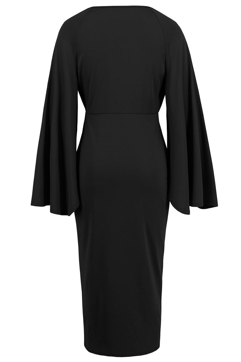 Load image into Gallery viewer, Black Mermaid V-Neck Asymmetrical Midi Cocktail Dress with Sleeves