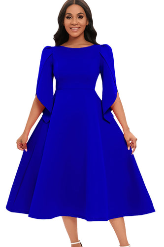 Fashion Elegant Royal Blue A Line Solid Swing Party Dress with Half Sleeves