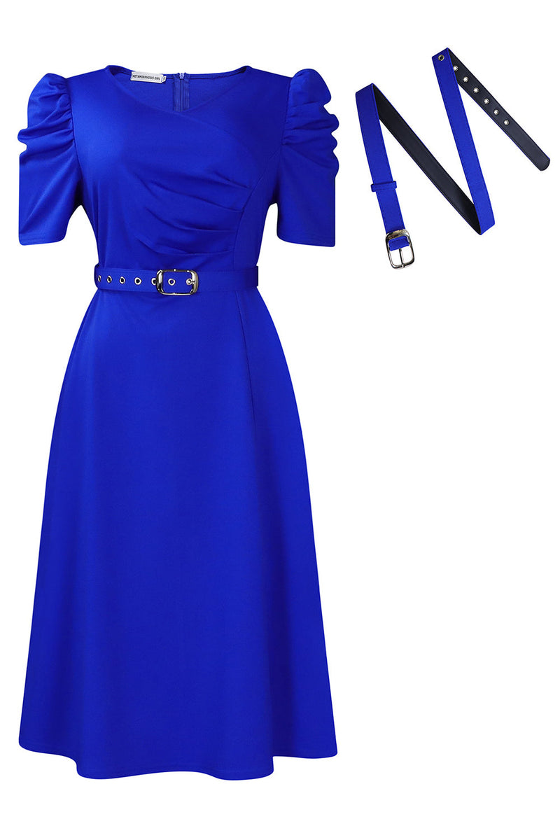 Load image into Gallery viewer, Royal Blue A Line V Neck Short Sleeves Party Dress with Belt