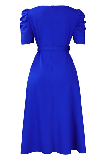 Royal Blue A Line V Neck Short Sleeves Party Dress with Belt