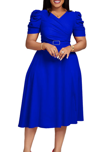 Royal Blue A Line V Neck Short Sleeves Party Dress with Belt