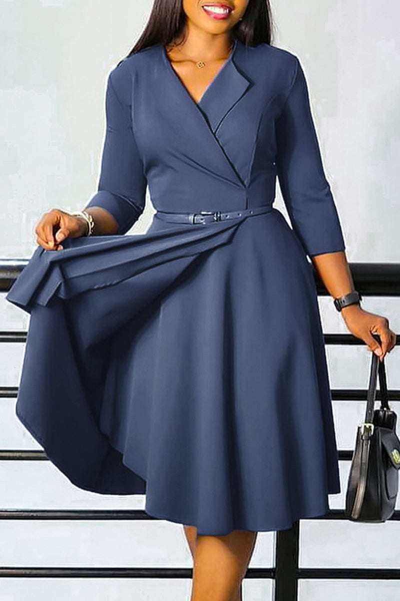 Load image into Gallery viewer, Grey Blue A Line Lapel Long Sleeves Party Dress