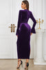 Load image into Gallery viewer, Peacock Blue Mermaid Velvet Long Sleeves Prom Dress with Slit