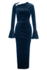 Load image into Gallery viewer, Peacock Blue Mermaid Velvet Long Sleeves Prom Dress with Slit