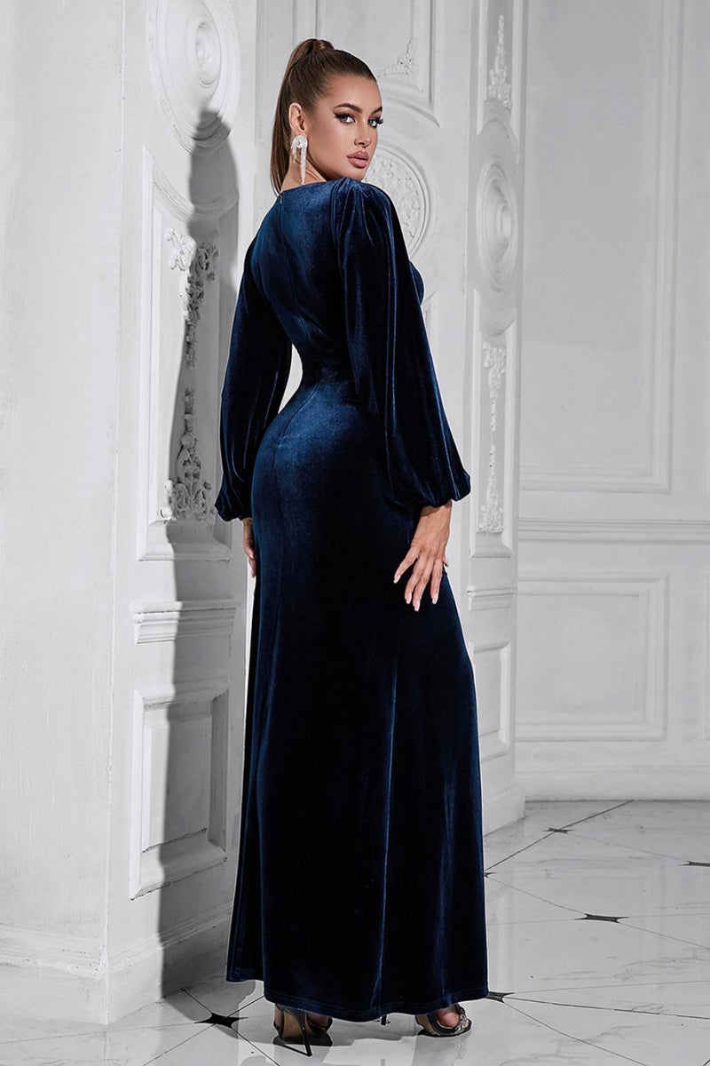 Load image into Gallery viewer, Puff Sleeves Dark Blue Ruched Long Velvet Prom Dress with Slit