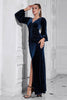 Load image into Gallery viewer, Puff Sleeves Dark Blue Ruched Long Velvet Prom Dress with Slit