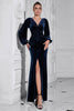 Load image into Gallery viewer, Puff Sleeves Dark Blue Ruched Long Velvet Prom Dress with Slit