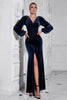 Load image into Gallery viewer, Puff Sleeves Dark Blue Ruched Long Velvet Prom Dress with Slit