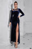 Load image into Gallery viewer, Dark Blue Long Sleeves Velvet Prom Dress with Slit