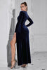 Load image into Gallery viewer, Dark Blue Long Sleeves Velvet Prom Dress with Slit