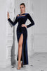 Load image into Gallery viewer, Dark Blue Long Sleeves Velvet Prom Dress with Slit