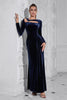 Load image into Gallery viewer, Dark Blue Long Sleeves Velvet Prom Dress with Slit