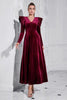 Load image into Gallery viewer, A Line V Neck Burgundy Ruffled Long Velvet Prom Dress