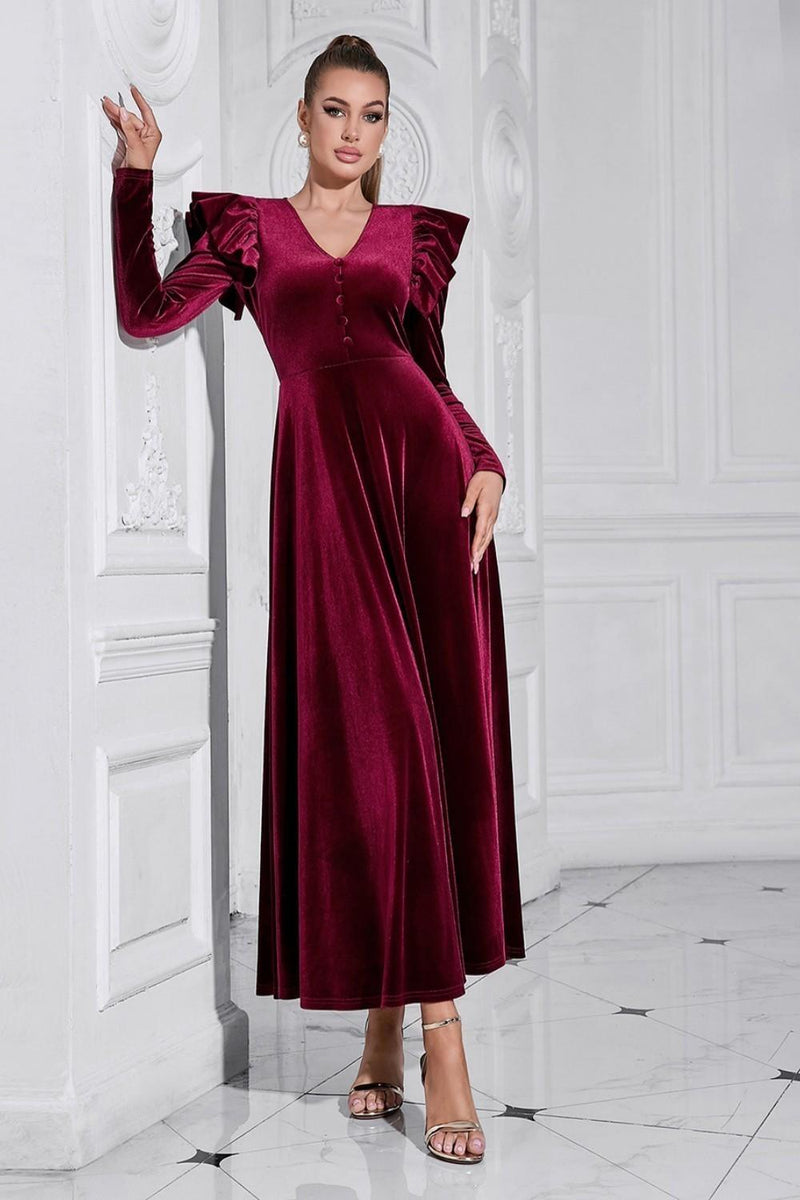 Load image into Gallery viewer, A Line V Neck Burgundy Ruffled Long Velvet Prom Dress