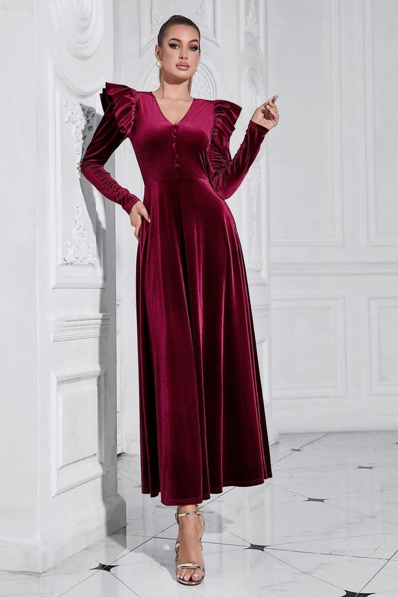 Load image into Gallery viewer, A Line V Neck Burgundy Ruffled Long Velvet Prom Dress