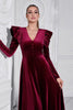 Load image into Gallery viewer, A Line V Neck Burgundy Ruffled Long Velvet Prom Dress