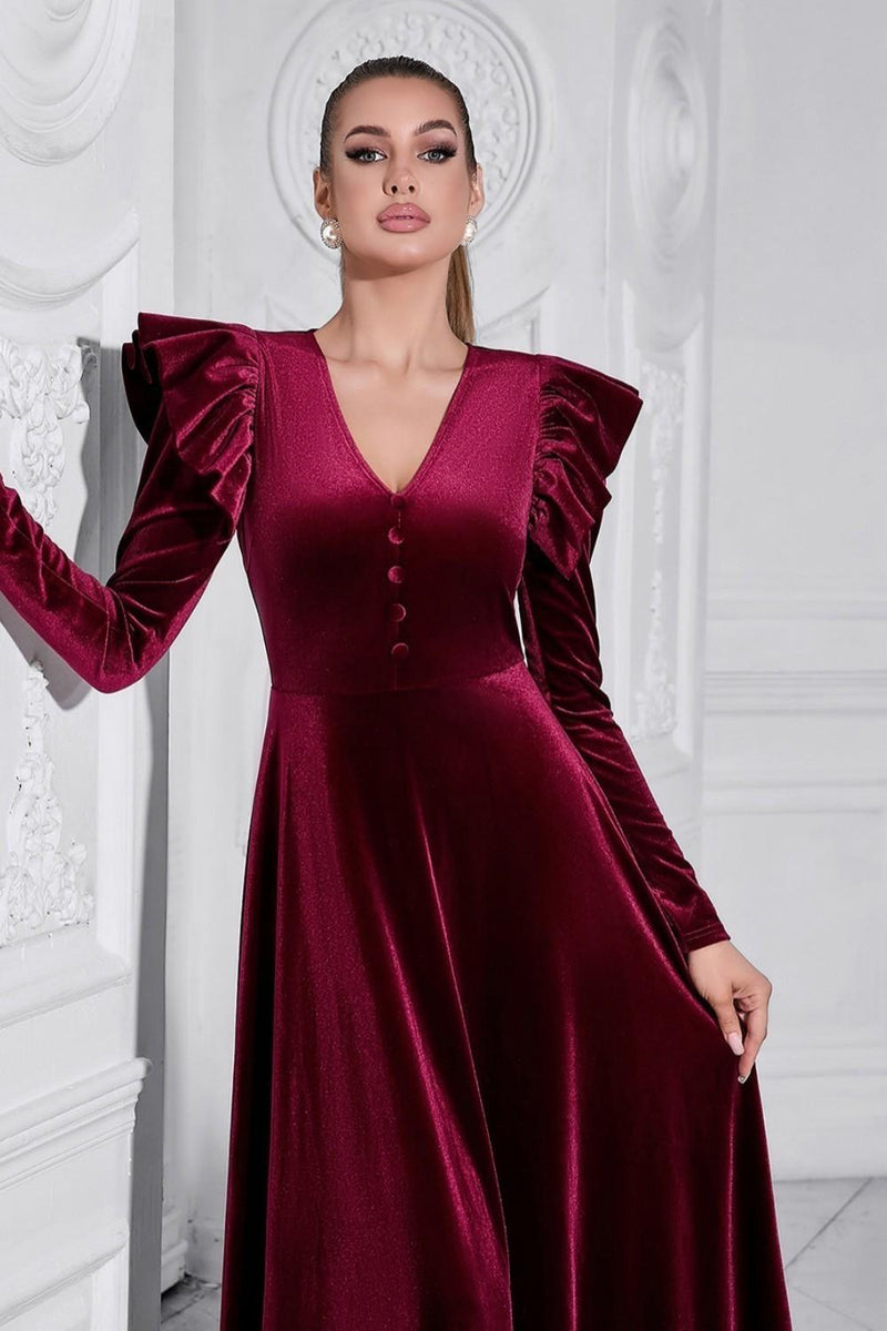 Load image into Gallery viewer, A Line V Neck Burgundy Ruffled Long Velvet Prom Dress