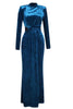 Load image into Gallery viewer, Blue High Neck Long Sleeves Velvet Prom Dress