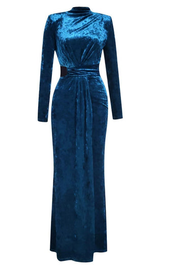 Blue High Neck Long Sleeves Velvet Prom Dress