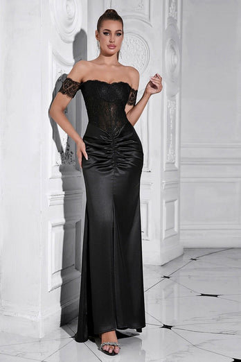 Black Mermaid Off the Shoulder Ruched Corset Long Prom Dress