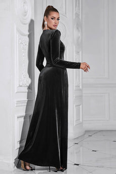 Sparkly A Line Velvet Long Prom Dress with Long Sleeves