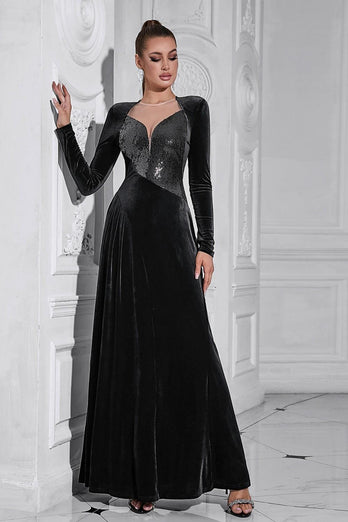 Sparkly A Line Velvet Long Prom Dress with Long Sleeves