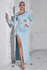 Load image into Gallery viewer, Glitter Light Blue Mermaid Long Sleeves Prom Dress with Slit