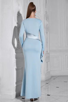 Glitter Light Blue Mermaid Long Sleeves Prom Dress with Slit