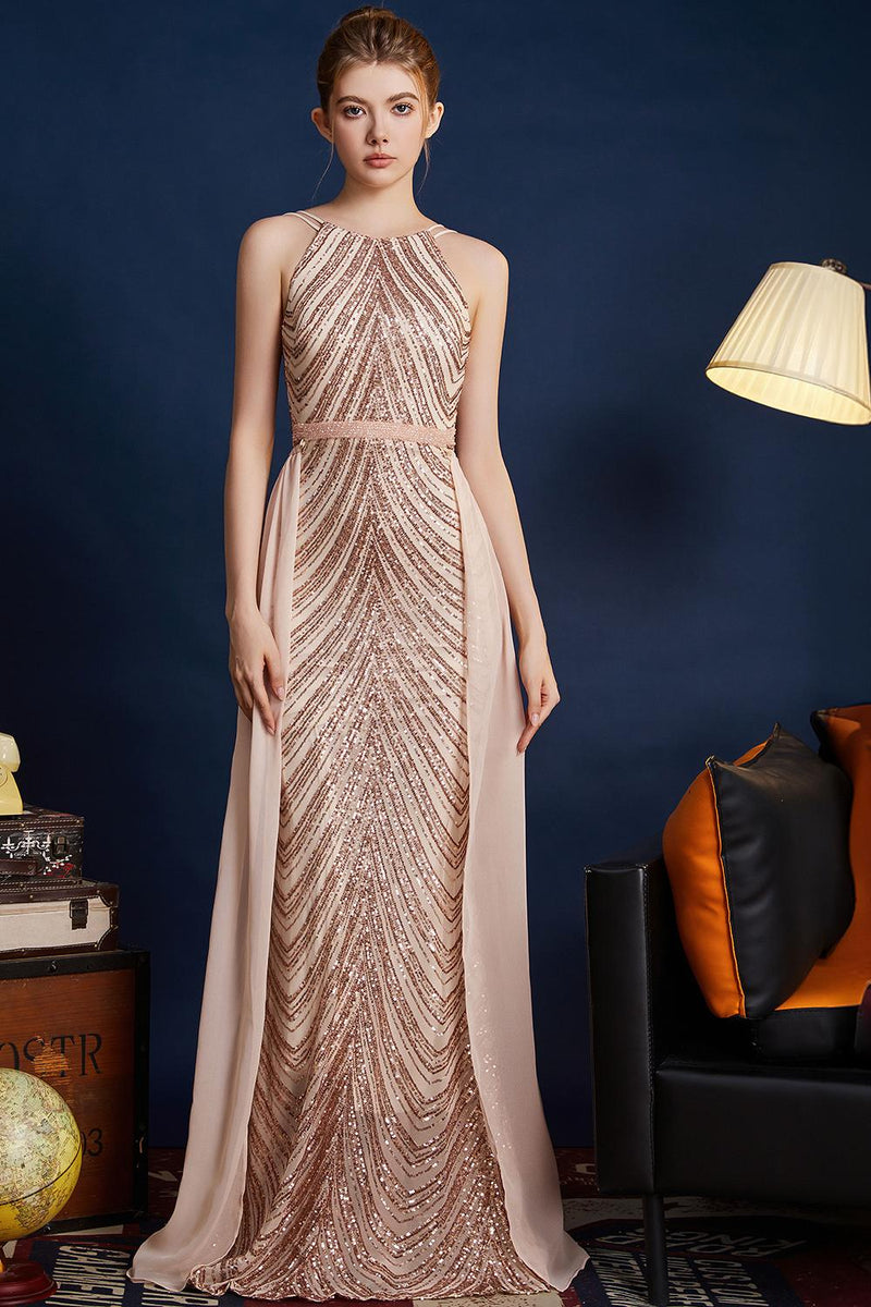 Load image into Gallery viewer, Golden Glitter A Line Spaghetti Straps Beaded Long Prom Dress