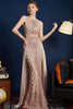 Load image into Gallery viewer, Golden Glitter A Line Spaghetti Straps Beaded Long Prom Dress