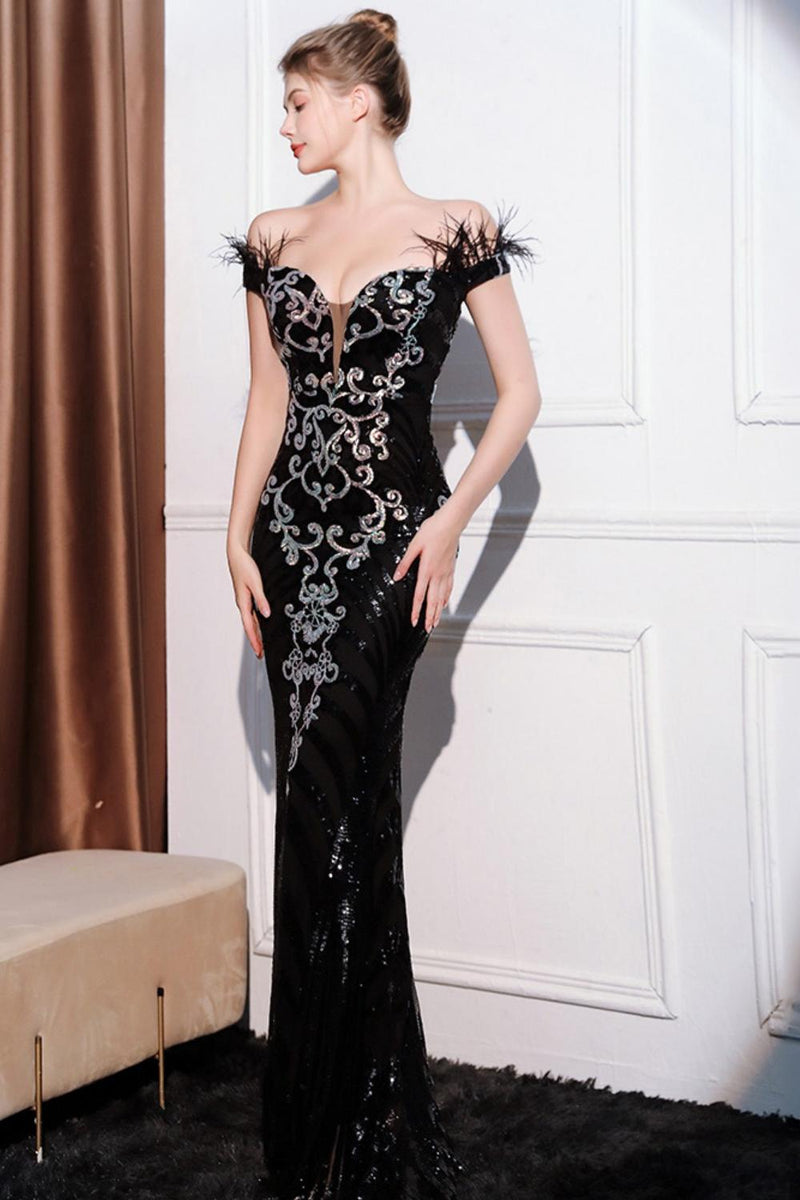 Load image into Gallery viewer, Glitter Black Mermaid Off the Shoulder Long Prom Dress with Feather