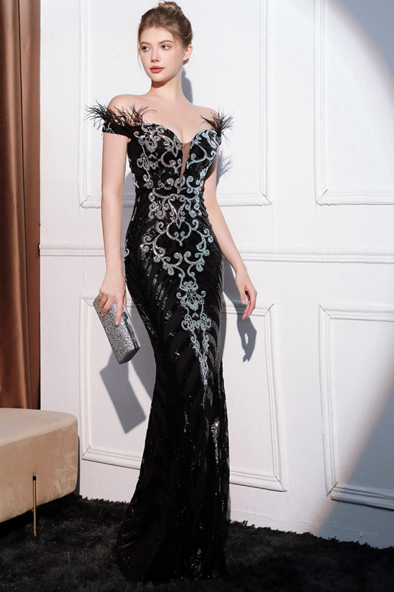 Load image into Gallery viewer, Glitter Black Mermaid Off the Shoulder Long Prom Dress with Feather