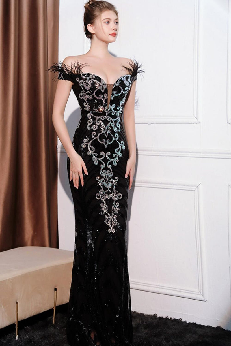 Load image into Gallery viewer, Glitter Black Mermaid Off the Shoulder Long Prom Dress with Feather