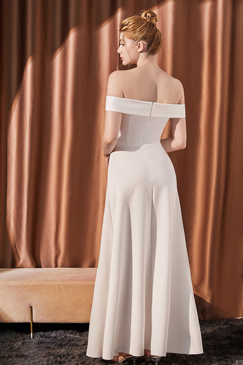 Load image into Gallery viewer, White Off The Shoulder Satin Long Prom Dress