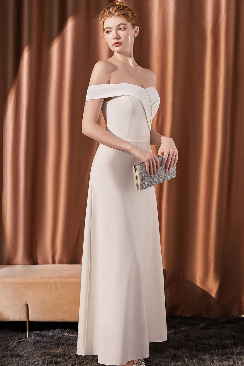 Load image into Gallery viewer, White Off The Shoulder Satin Long Prom Dress