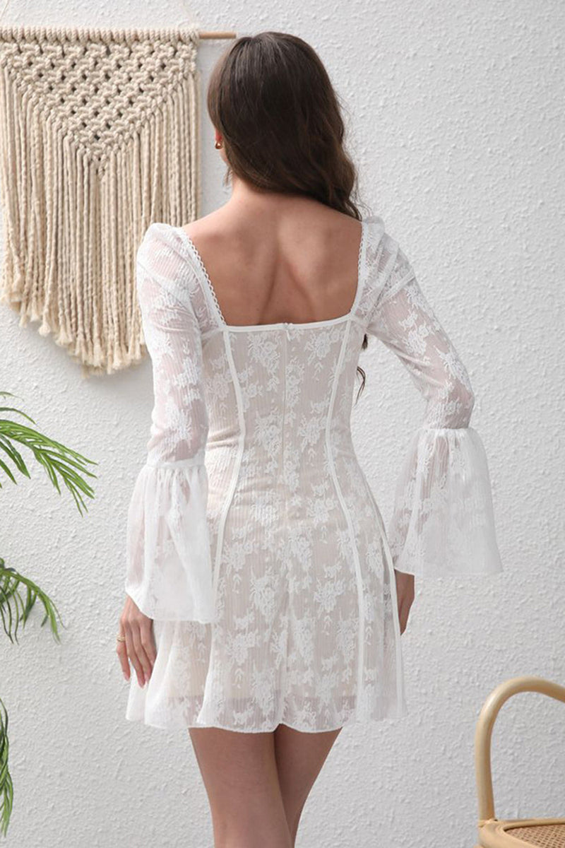 Load image into Gallery viewer, White Square Neck Lace Short Cocktail Dress with Sleeves