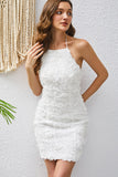 White Halter Bodycon Short Graduation Dress with Lace