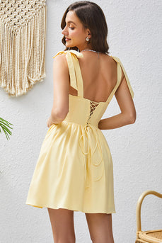 A Line Yellow Square Neck Short Graduation Dress