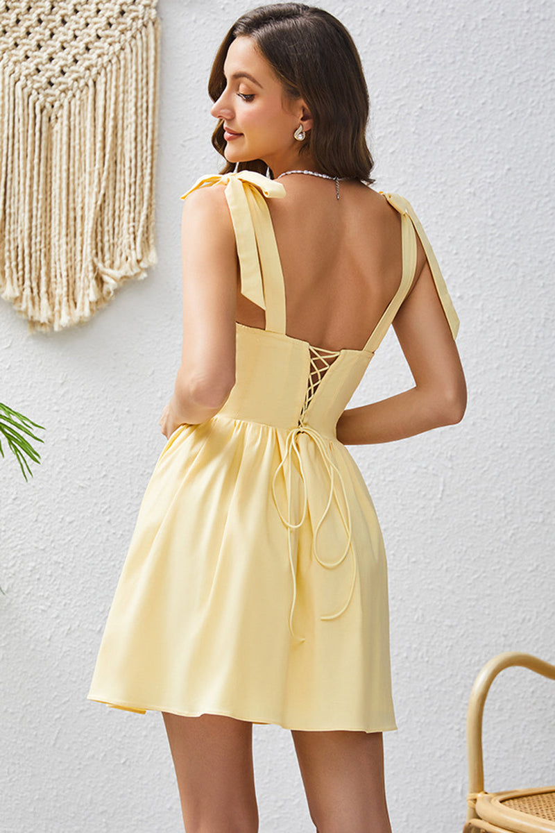 Load image into Gallery viewer, A Line Yellow Square Neck Short Graduation Dress