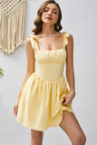 A Line Yellow Square Neck Short Graduation Dress