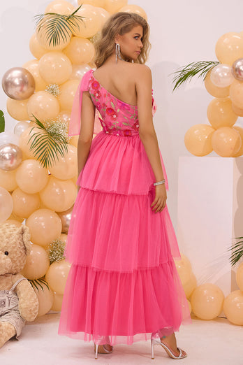 Fuchsia One Shoulder A Line Tiered Tulle Long Prom Dress