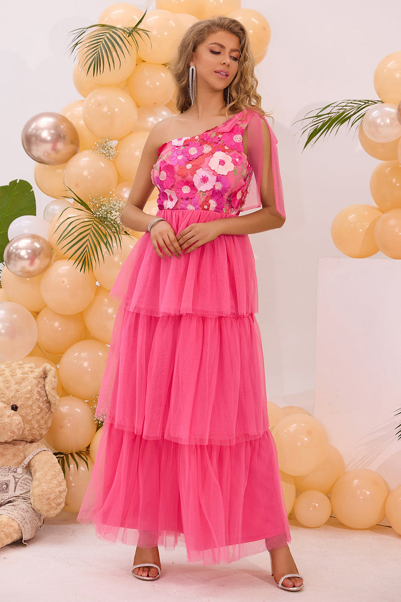 Load image into Gallery viewer, Fuchsia One Shoulder A Line Tiered Tulle Long Prom Dress