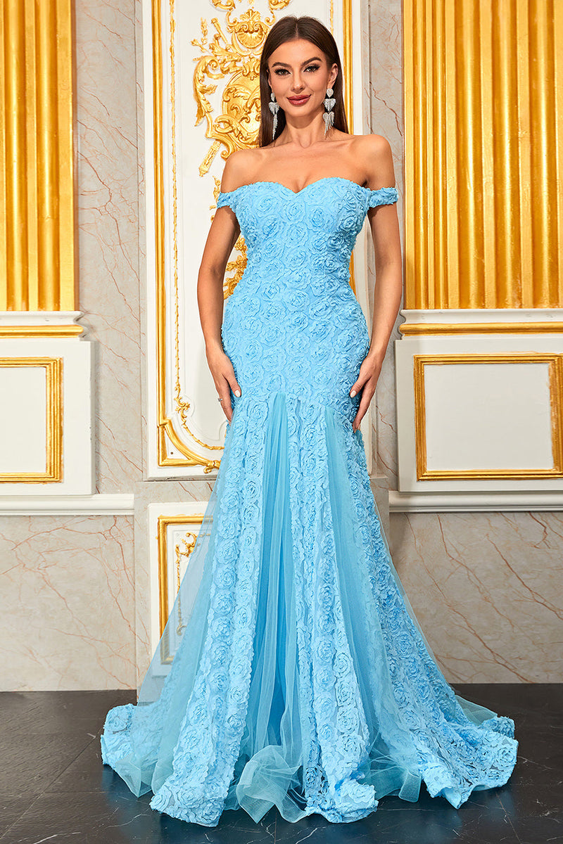 Load image into Gallery viewer, Light Blue Appliques A Line Off the Shoulder Floral Tulle Long Prom Dress