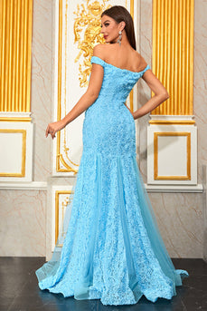 Light Blue Appliques A Line Off the Shoulder Floral Tulle Long Prom Dress