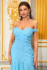 Load image into Gallery viewer, Light Blue Appliques A Line Off the Shoulder Floral Tulle Long Prom Dress