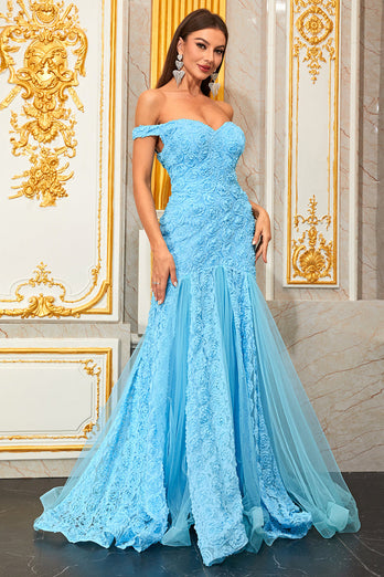 Light Blue Appliques A Line Off the Shoulder Floral Tulle Long Prom Dress