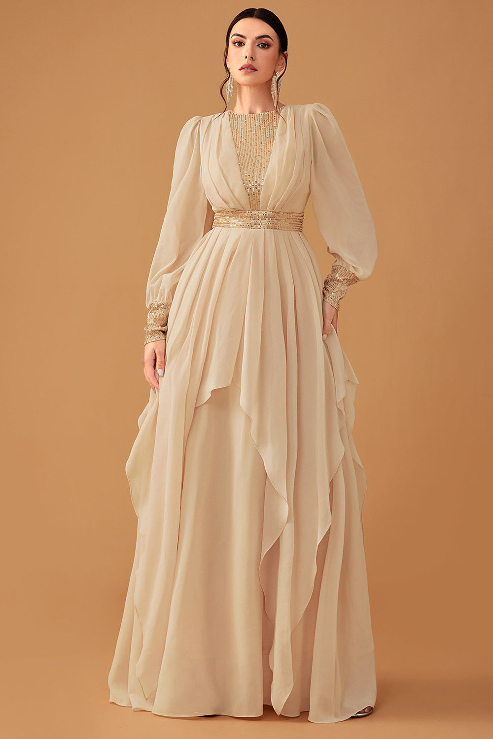 Champagne Ruffles A Line Long Prom Dress with Long Sleeves