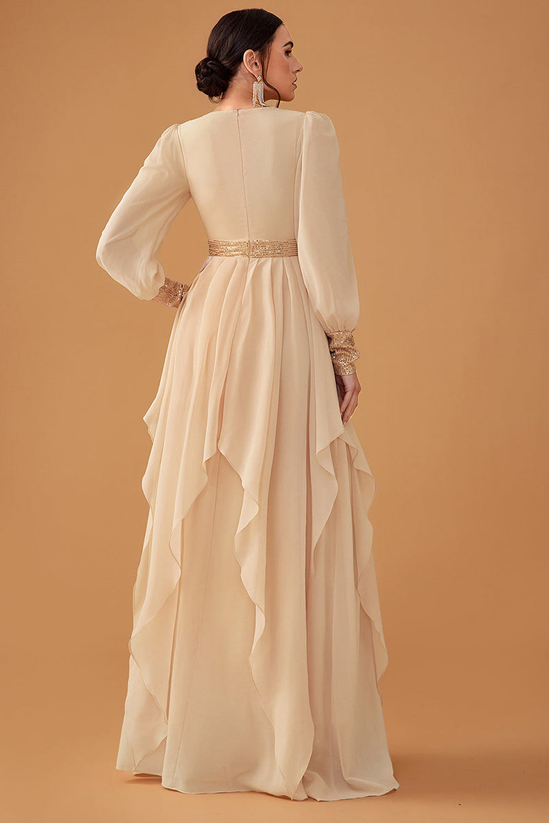 Load image into Gallery viewer, Champagne Ruffles A Line Long Prom Dress with Long Sleeves